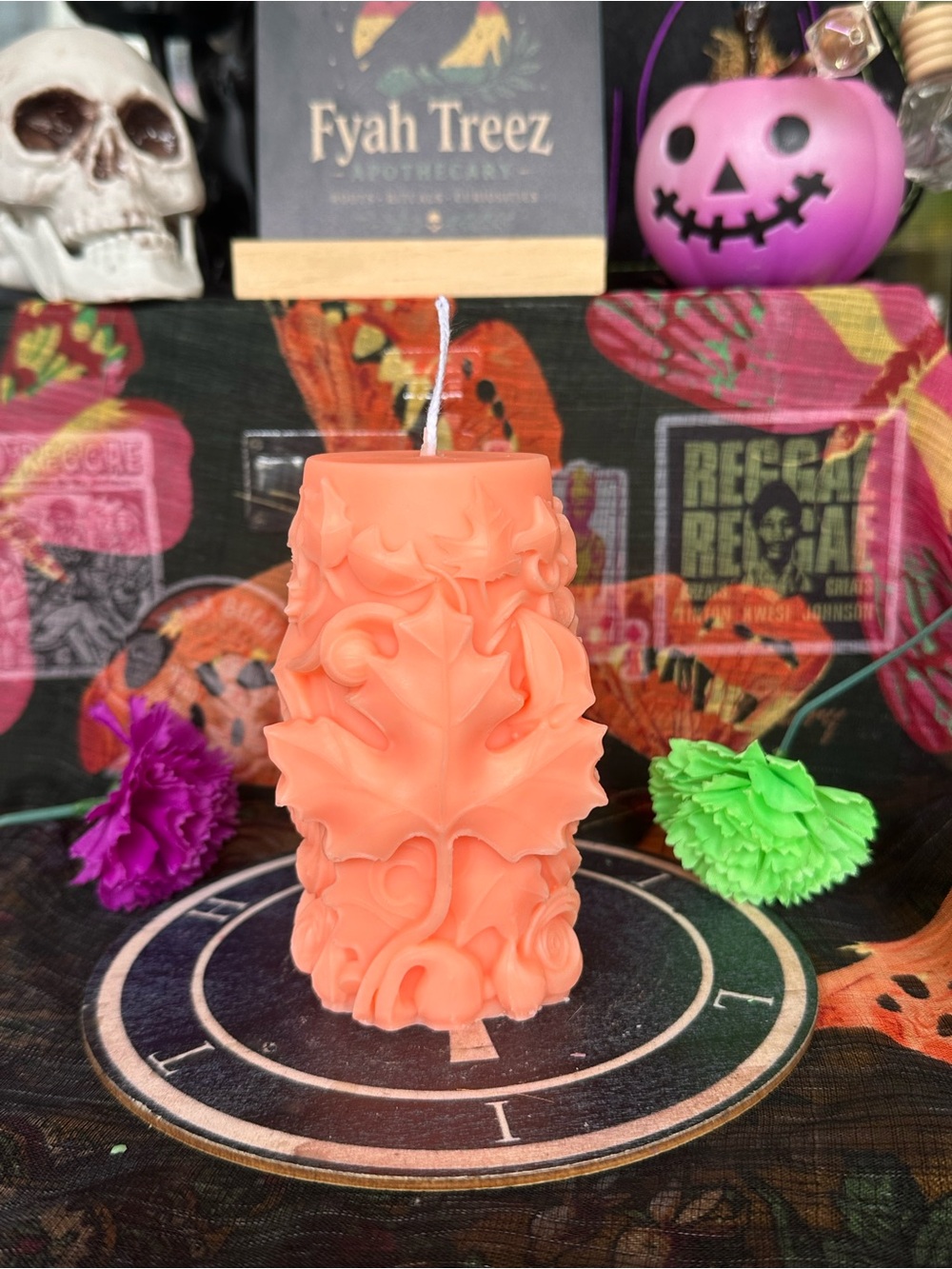 Handmade Autumn Maple Leaf Pillar Candle – Peach Orange Fall Candle